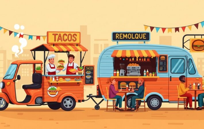 que es un foodtruck mostrando gente comiendo fuera de dos foodtrucks