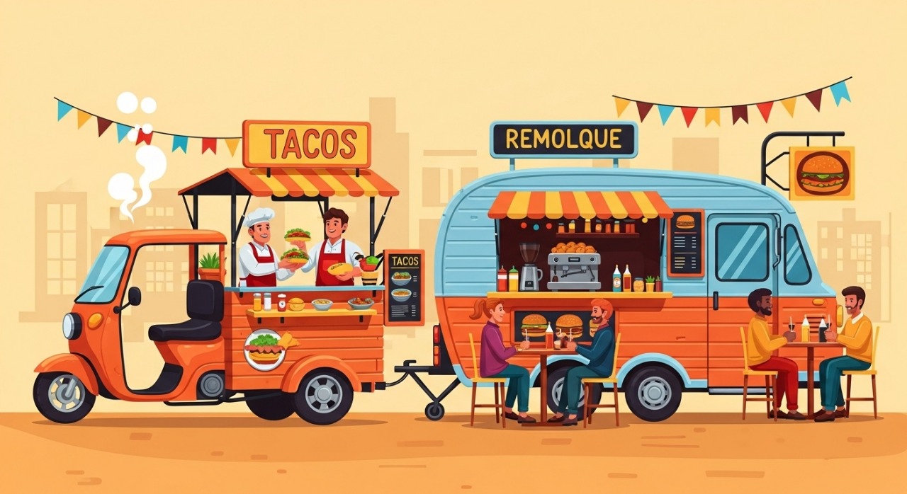 que es un foodtruck mostrando gente comiendo fuera de dos foodtrucks